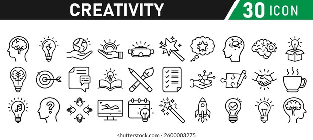 Creativity Icons Set. Icons Include Creative Thought, Solutions, Originality, Human Brain, Light Bulb, Creative Process, Brainstorming, Imagination, puzzle, and rocket boosting. Vector collection