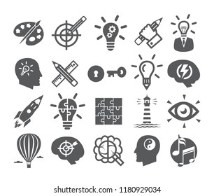 Creativity icons set. Icons for inspiration, idea, brain, imagination, problem solving, mind power. - Shutterstock ID 1180929034