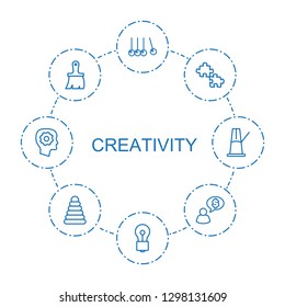 creativity icons. Trendy 8 creativity icons. Contain icons such as cradle, bulb, puzzle, brush, man thinking about money, pyramid, gear in head. creativity icon for web and mobile.