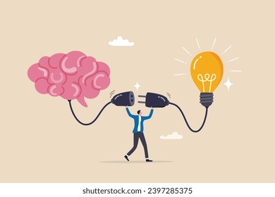 Creativity idea brainstorming, wisdom or imagination to success, connecting new idea or innovation, intelligence or solution concept, businessman connect plug with lightbulb idea to human brain.