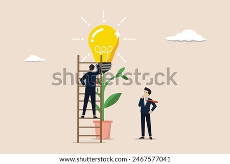 Creativity idea, climb up career ladder or business growth, development concept, businessman climb up ladder to reach lightbulb grow plant.