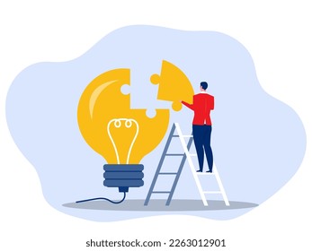 Creativity idea concept Businessman  Finishing lightbulb with jigsaw puzzle. Symbol of inspiration, creative thinking. thinking find solution. Vector illustration.