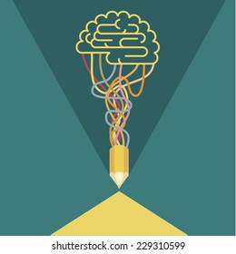 Creativity and idea concept with colorful pencil, colorful line and symbol of brain. Flat design.