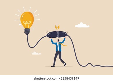 Creativity idea to get solution to solve problem, imagination or innovation for success, invention or resolution concept, smart businessman connect electric plug to turn on bright lightbulb idea.