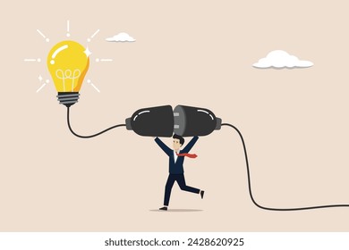 Creativity idea to get solution to solve problem, invention or resolution concept, smart businessman connect electric plug to turn on bright lightbulb idea.