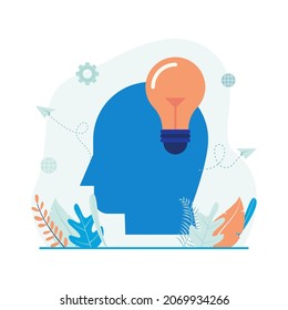 Creativity and idea, human imagination, brainstorming vector illustration. Flat design of head and lightbulb. Suitable for many purposes.