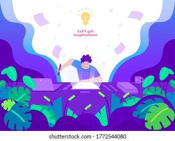 creativity, idea and inspiration concept illustration. illustration of person excited and boost his work