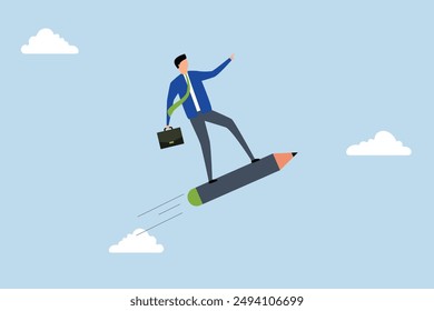 Creativity idea lead the way, businessman riding pencil rocket flying high into the sky.