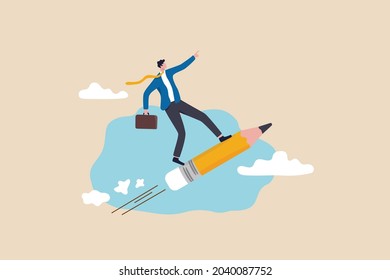 Creativity idea lead the way, education or knowledge help career development, writing skill or artist mindset concept, smart businessman riding pencil rocket flying high into the sky.