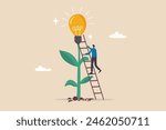 Creativity idea, solution or persuade success, climb up career ladder or business growth, improvement progress, personal development concept, businessman climb up ladder to reach lightbulb grow plant.