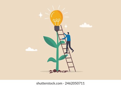 Creativity idea, solution or persuade success, climb up career ladder or business growth, improvement progress, personal development concept, businessman climb up ladder to reach lightbulb grow plant.