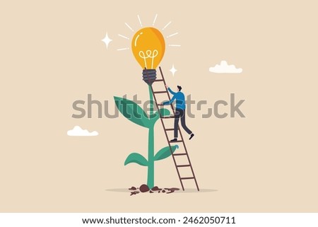 Creativity idea, solution or persuade success, climb up career ladder or business growth, improvement progress, personal development concept, businessman climb up ladder to reach lightbulb grow plant.