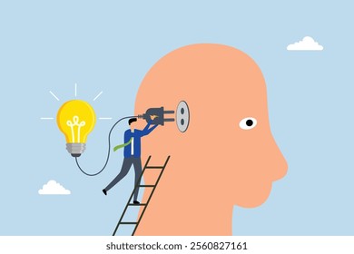 Creativity and idea thinking, clever entrepreneur ascends the steps to connect an innovative lightbulb to his mind. 