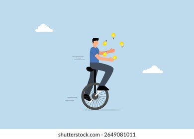 Creativity and ideas, astute entrepreneur balancing on unicycle tossing light bulb lamp imagery numerous concepts. 
