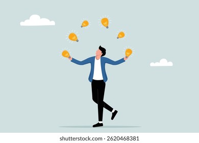 Creativity and ideas, innovation or skills to succeed in business, a businessman walking while holding a light bulb, a metaphor for the abundance of ideas.