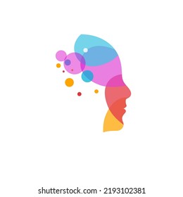 Creatividad, ideas, ícono de inspiración. Señal de la mente. Perfil del hombre con burbujas de color