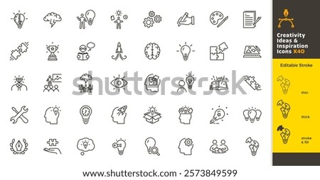 Creativity, ideas and inspiration thin line icon set. Creative vector editable stroke illustrations for brainstorming, thinking and innovation. Elements such as puzzles, lightbulbs, brains, mind, obje
