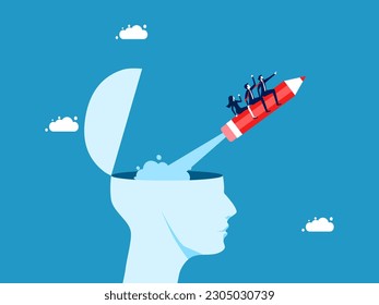 Creativity and imagination. Business team flying with a pencil out of a human head