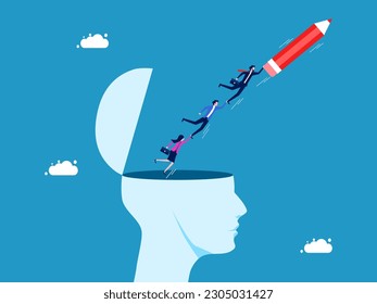 Creativity and imagination. Business team flying with pencils off of human heads