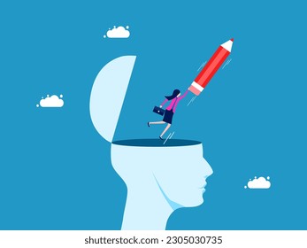 Creativity and imagination. Businesswoman flying with a pencil from a human head