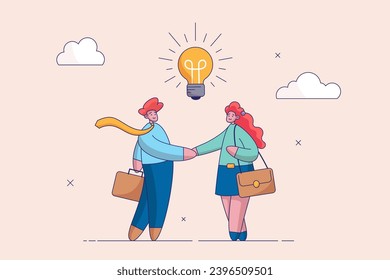 Creativity or imagination concept. Bright idea to solve problem, business team brainstorm or thinking about new innovative idea, businessman and businesswoman thinking with bright lightbulb idea.