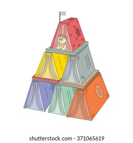 Creativity and imagination concept - stack of books and cute book house. Fairy house with a book tower, flag, roof and child. Modern flat vector.