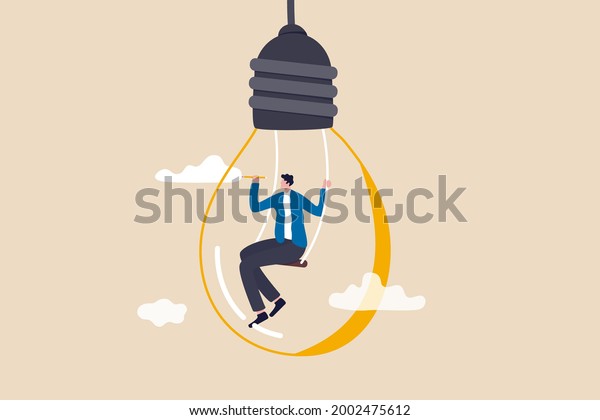 Creativity and imagination to create content,\
writer or creator inspiration for new idea, think and brainstorm\
concept, motivated man sitting on swing inside lightbulb idea using\
pencil drawing\
cloud.