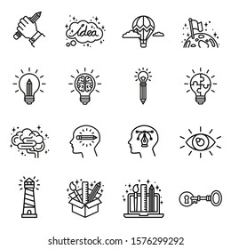 Creativity, imagination, problem solving, mind power icons set with white background. Thin line style stock vector.