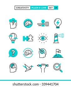 Creativity, imagination, problem solving, mind power and more. Plain and line icons set, flat design, vector illustration