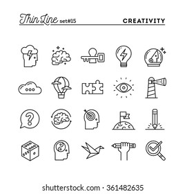 Creativity, imagination, problem solving, mind power and more, thin line icons set, vector illustration