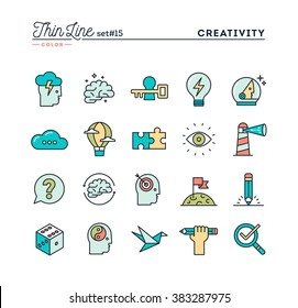 Creativity, imagination, problem solving, mind power and more, thin line color icons set, vector illustration