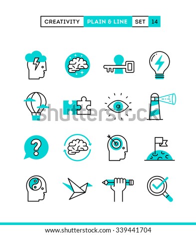 Creativity, imagination, problem solving, mind power and more. Plain and line icons set, flat design, vector illustration