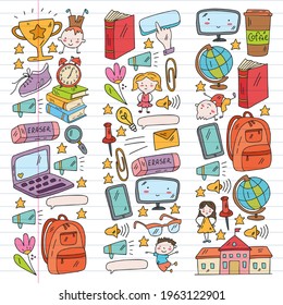 Creativity and imagination. Vector icons with school items.