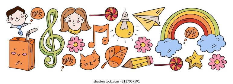 Creativity and imagination. Vector icons with school items.