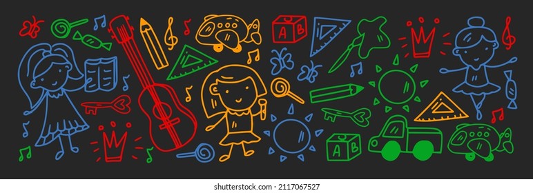Creativity and imagination. Vector icons with school items.