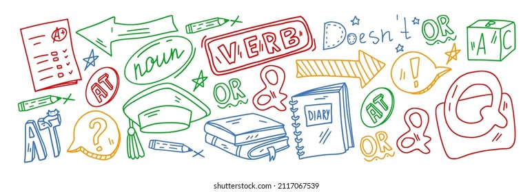 Creativity and imagination. Vector icons with school items.
