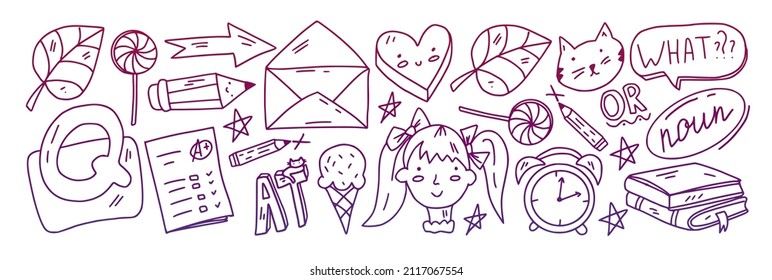 Creativity and imagination. Vector icons with school items.