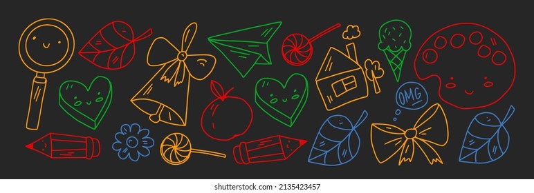 Creativity and imagination. Vector icons with school items.