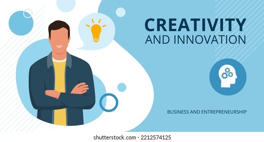 Creativity and innovation banner: smiling man with crossed arms and lit lightbulb, banner with copy space