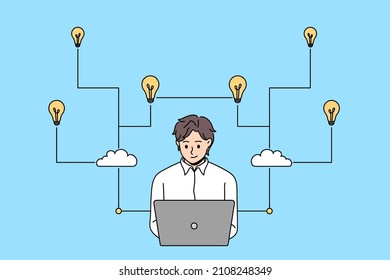 Creativity innovation and business idea concept. Young positive businessman sitting with laptop working on project having great innovative idea making tasks writing on laptop vector illustration 