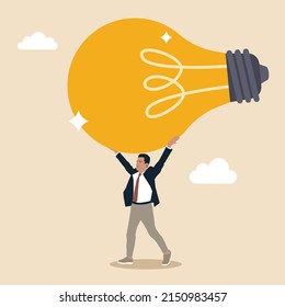 Creativity and innovation to change or invent new product, solution to solve problem, discover new idea concept, excited businessman carrying big lightbulb idea goes to invent new product.