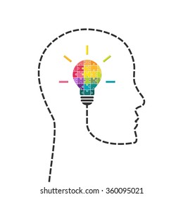 Creativity and innovation concept. Human head line with light bulb made of puzzle.