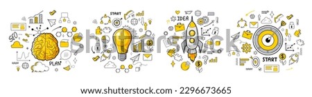 Creativity and innovation doodle icons collection. Hand drawn yellow color clip art. Good idea, business start up concept. Success management set of elements for finance growthing. Vector illustration