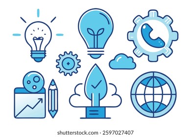 Creativity and innovation doodle icons set, Technology and Innovation Related Doodle, color clip art, Good idea, business start up