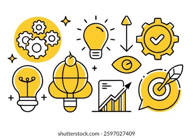Creativity and innovation doodle icons set, Technology and Innovation Related Doodle, color clip art, Good idea, business start up