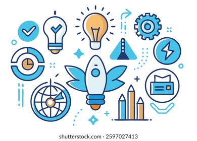 Creativity and innovation doodle icons set, Technology and Innovation Related Doodle, color clip art, Good idea, business start up
