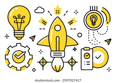 Creativity and innovation doodle icons set, Technology and Innovation Related Doodle, color clip art, Good idea, business start up