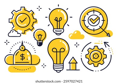 Creativity and innovation doodle icons set, Technology and Innovation Related Doodle, color clip art, Good idea, business start up