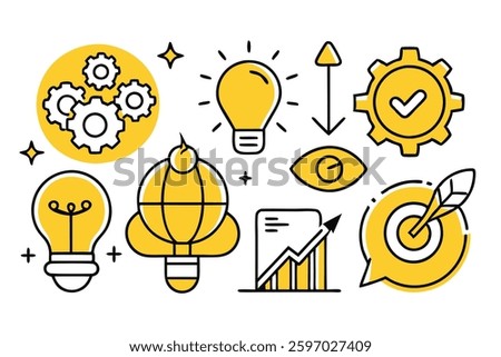 Creativity and innovation doodle icons set, Technology and Innovation Related Doodle, color clip art, Good idea, business start up