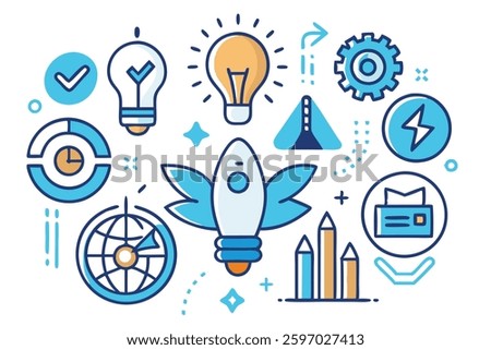 Creativity and innovation doodle icons set, Technology and Innovation Related Doodle, color clip art, Good idea, business start up